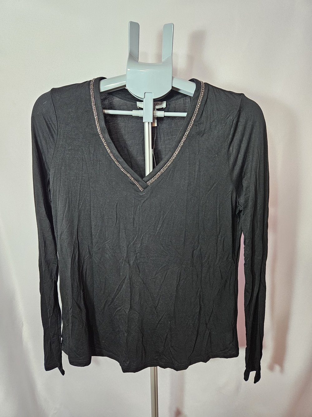 White House Black Market Black V-Neck Long Sleeve Top with Metallic Trim